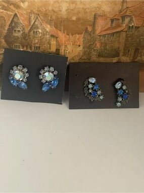 Vintage gorgeous blues Crystal Cluster Clip-On Earrings. One of them is lister